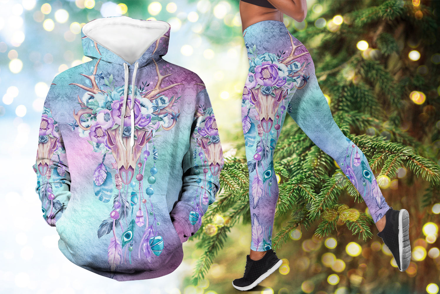 native-american-blue-and-purple-bison-skull-hoodie-leggings-set