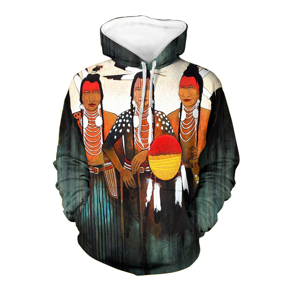 Multicolor Pullover-Hoodie mit 3D Native-Art Porträtprint, Kapuze vorne