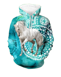 Teal zip hoodie with large 3D white horse graphic and Native-style circular print