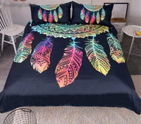 Colorful dreamcatcher bedding set with multicolor feather design on dark duvet and pillowcases