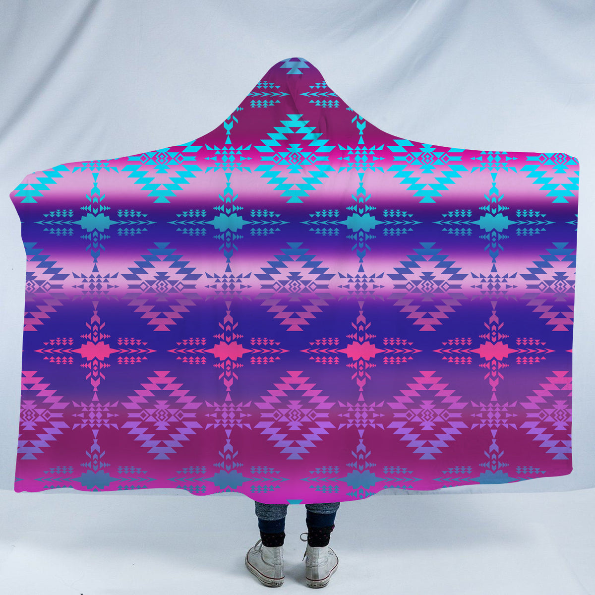 Multicolor native-pattern hooded blanket with attached hood, youth size 60x45