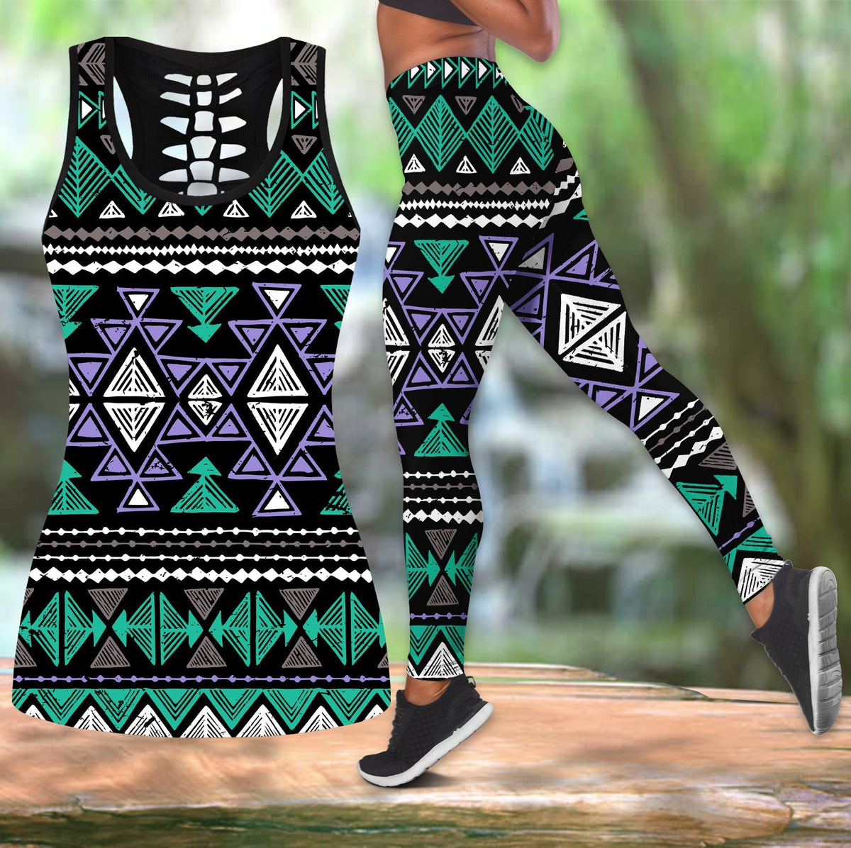 Black hollow tank and leggings set with teal and purple geometric tribal print