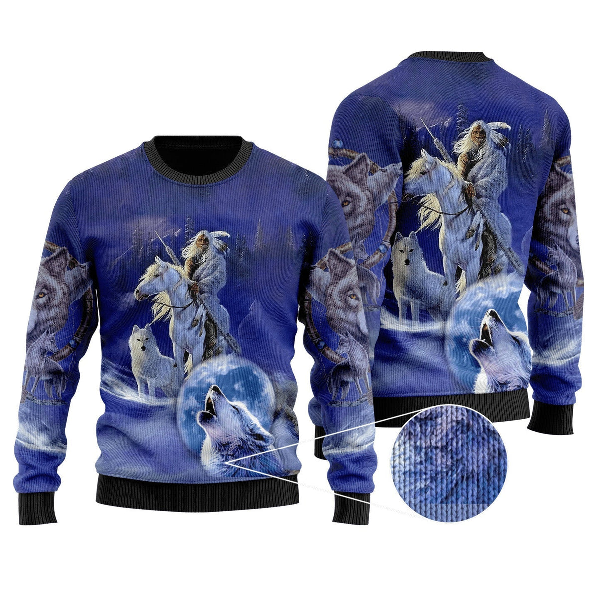 Unisex blue sweater with all-over wolf 3D print, crew neck and ribbed cuffs
