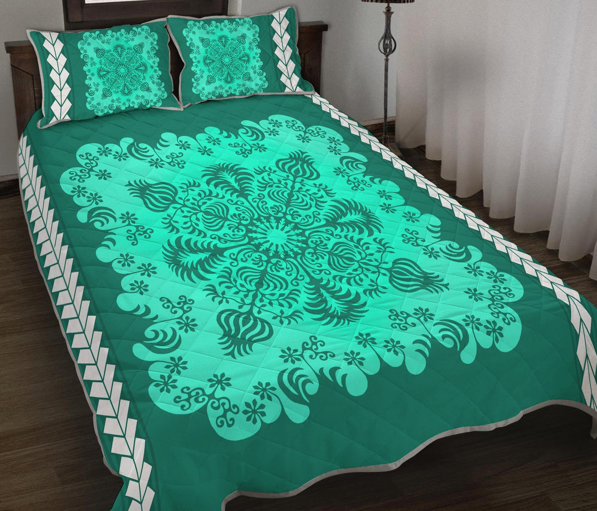 Teal-green quilt bed set, wide floral medallion pattern on bedspread