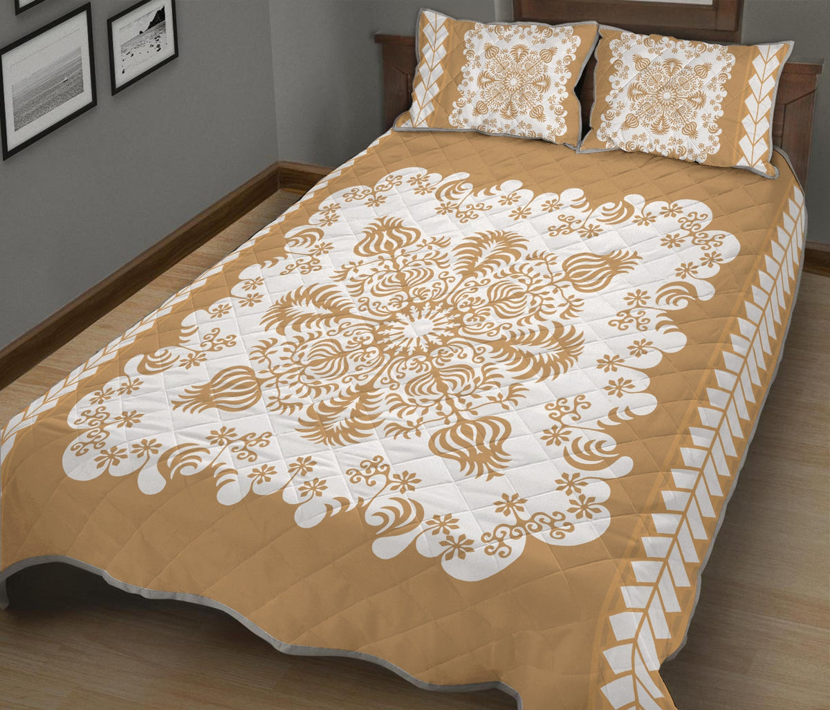 Gold quilt bed set with white-and-gold floral scroll pattern and diamond border