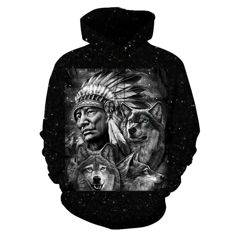 All-over Native American graphic pullover hoodie with wolf and chief, black