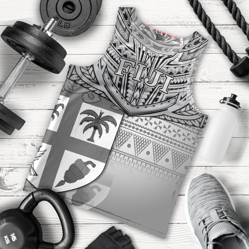 Close-up of men's sleeveless tank top with Fiji tribal artwork on front panel