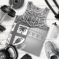 Close-up of men's sleeveless tank top with Fiji tribal artwork on front panel