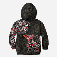 Kinder Zip-Hoodie mit Wolf-/Totemprint, schwarzer Stoff, große Grafik auf der Rückseite