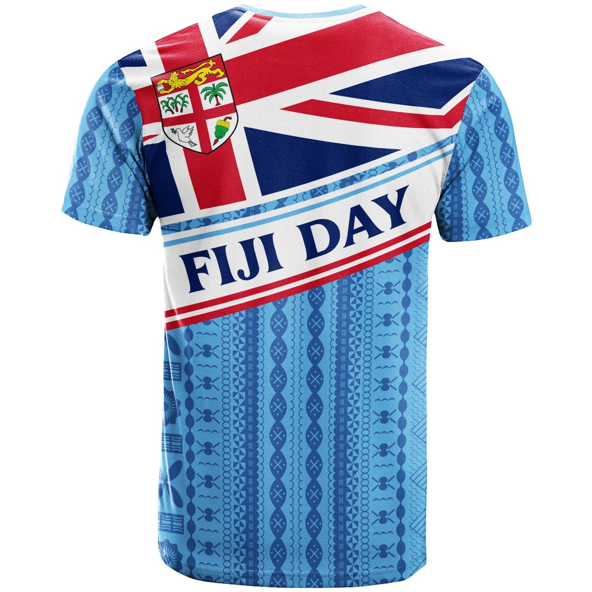 Fiji Day T-shirt back view with Union Jack-style flag and blue tapa pattern