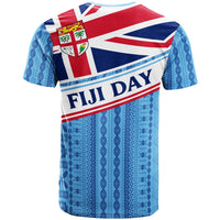 Fiji Day T-shirt back view with Union Jack-style flag and blue tapa pattern