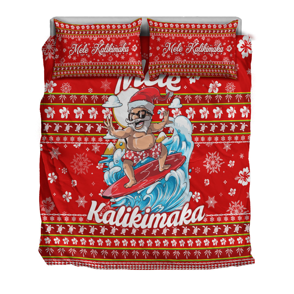 Red Christmas bedding set flat view: surfer Santa holding surfboard, floral and stripe border