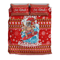 Red Christmas bedding set flat view: surfer Santa holding surfboard, floral and stripe border