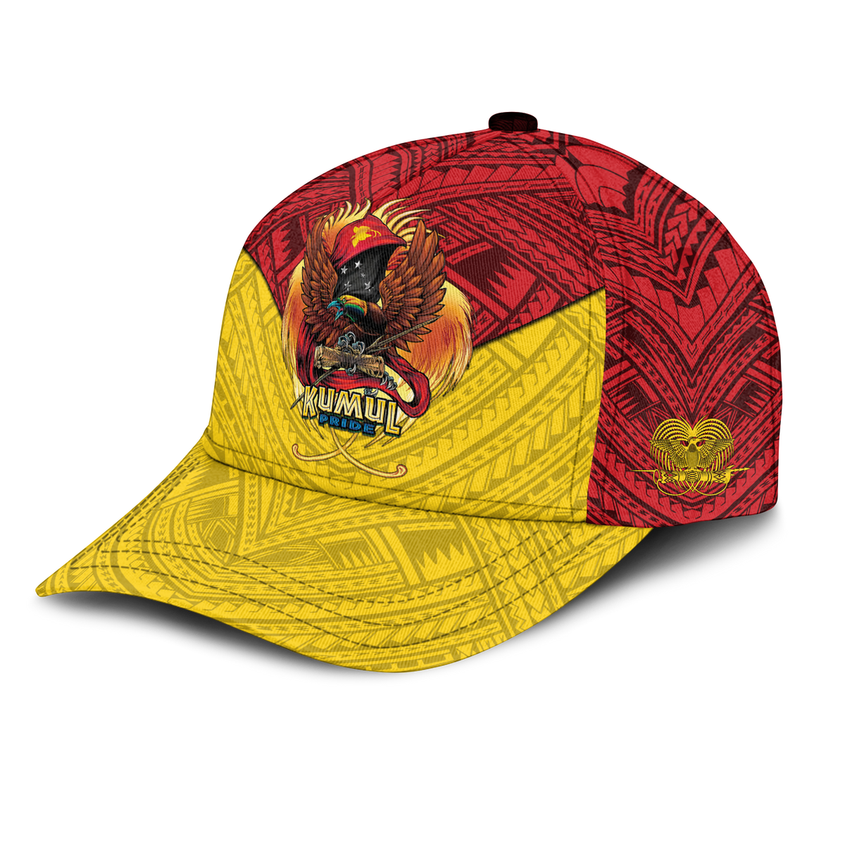 Yellow and red Kumul Pride rugby cap, side logo and eagle crest