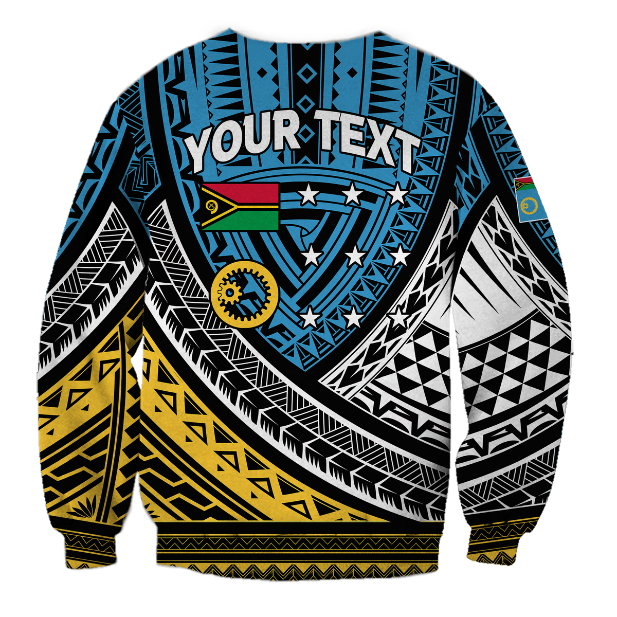Blue crewneck sweatshirt with tribal pattern and customizable text print, star accents
