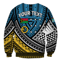 Blue crewneck sweatshirt with tribal pattern and customizable text print, star accents
