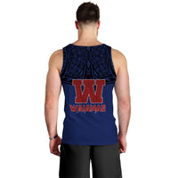 Back view of blue men’s tank top with large W logo and Waianae text
