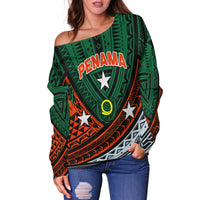 Green off-shoulder sweater with tribal pattern, Penama text and star striped motifs