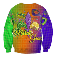Mardi Gras mask with beads sweatshirt, back view with diamond pattern and Mardi Gras script