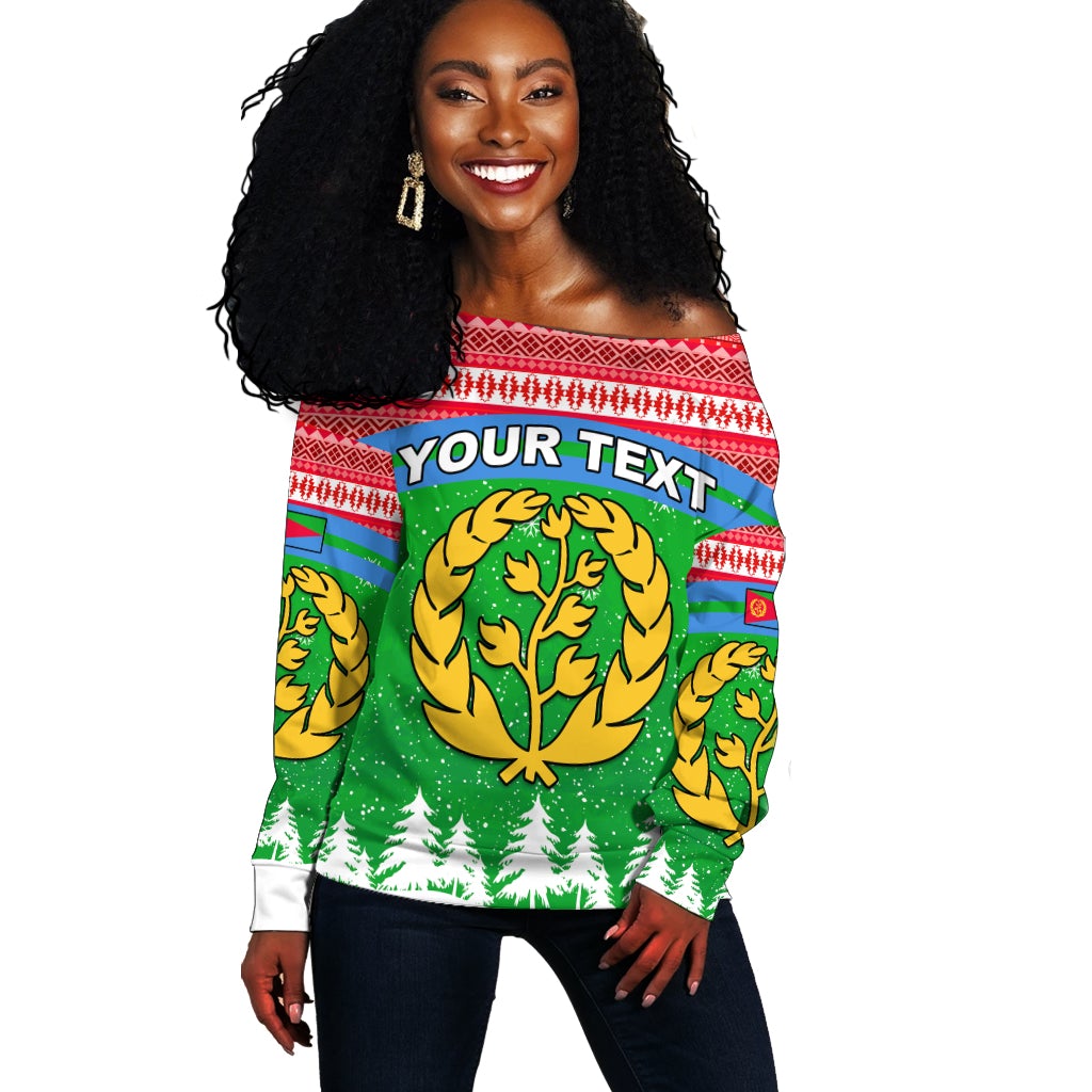 Damen Off-Shoulder Strickpullover, rot-grüner Weihnachts-Print mit Kranzmotiv vorn