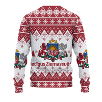Christmas sweatshirt in maroon and white with geometric snowflake pattern and central crest