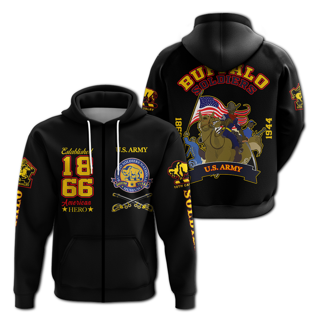 Black pullover hoodie front and back: U.S. Army graphics, hood, drawstrings