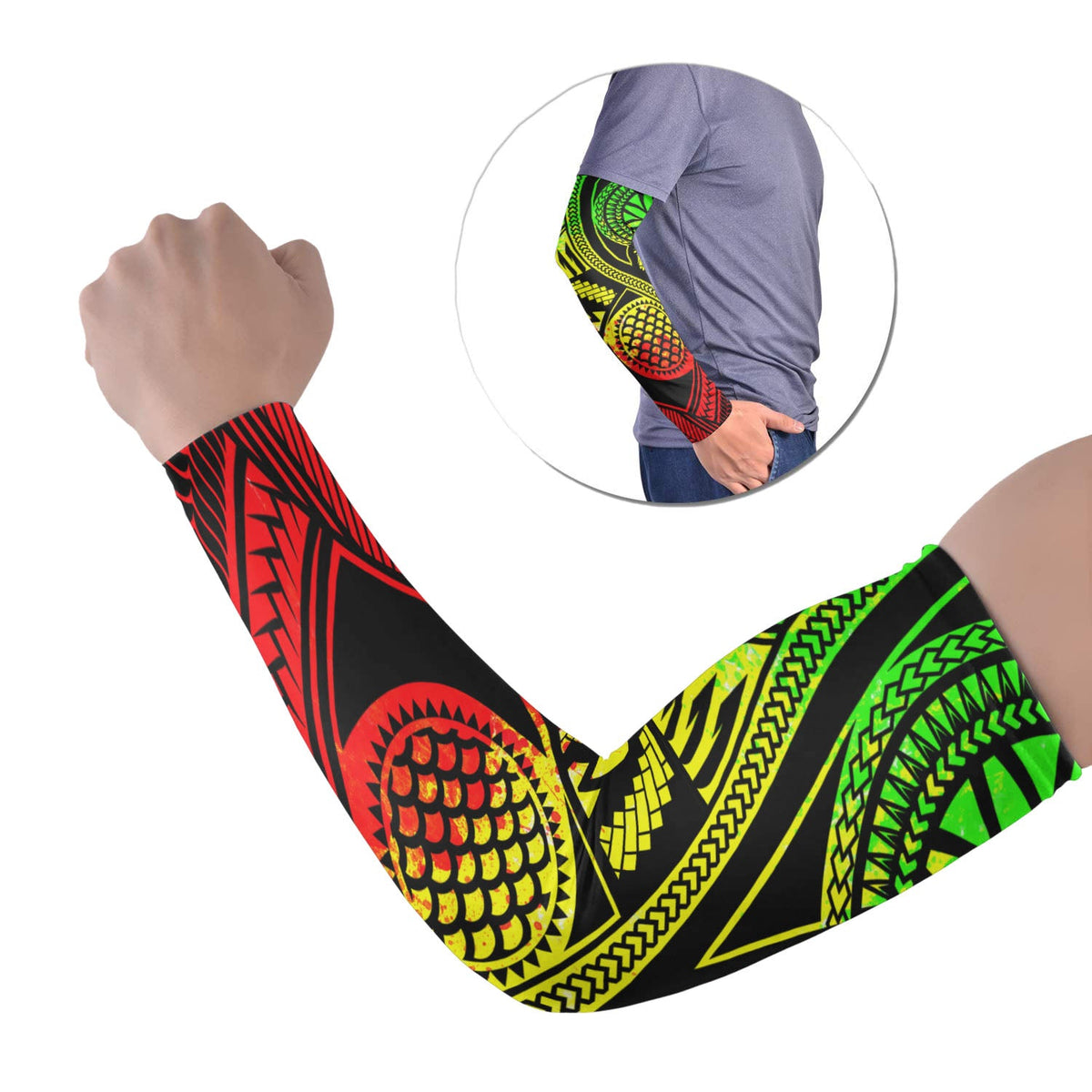 Black Polynesian tribal arm sleeves, red yellow green patterns (set of 2).