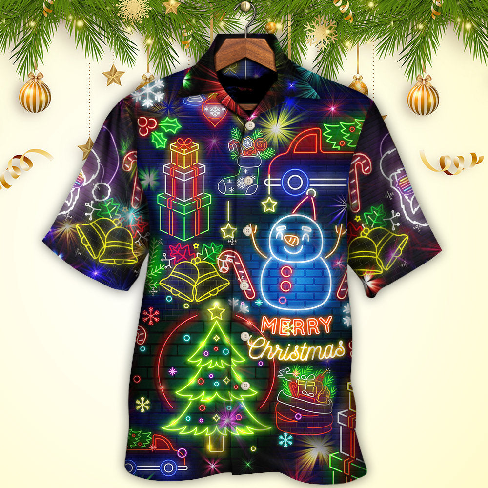Neon Christmas light Hawaiian shirt with colorful glowing ornaments, button-up collar