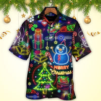 Neon Christmas light Hawaiian shirt with colorful glowing ornaments, button-up collar