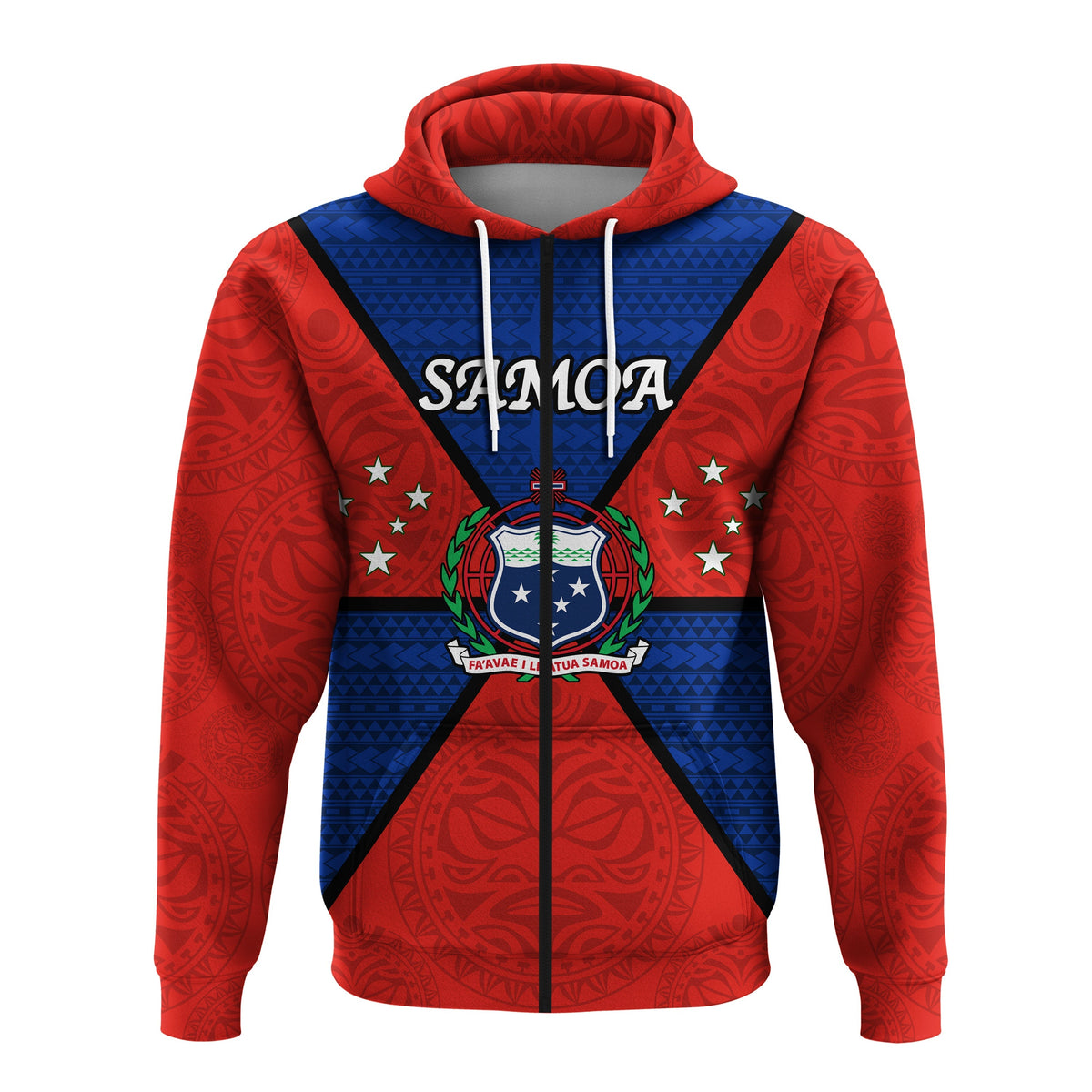 Red pullover hoodie with blue cross, Samoa text and emblem, front view