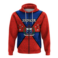 Red pullover hoodie with blue cross, Samoa text and emblem, front view