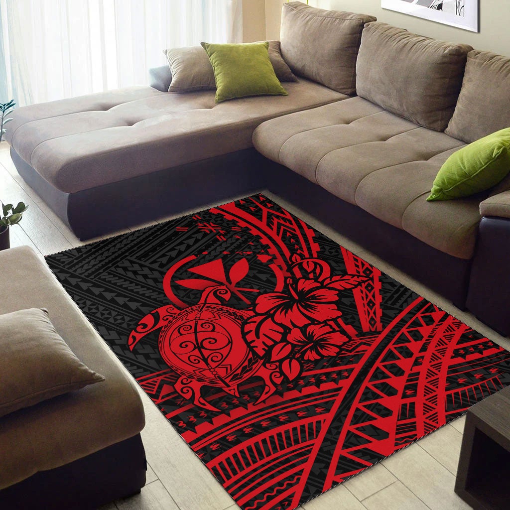 Red and black tribal rug with large turtle and hibiscus design on black base