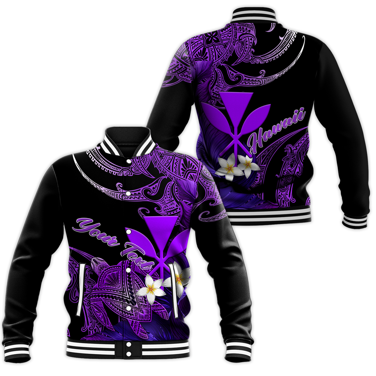 Black purple Hawaii turtle plumeria baseball jacket with ribbed collar and striped cuffs