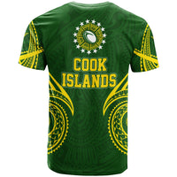 Green rugby T-shirt back with yellow Cook Islands text and tribal side waves