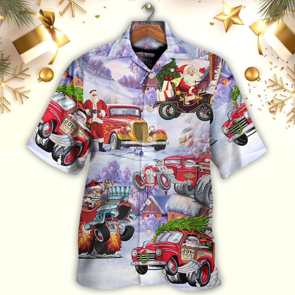 Short-sleeve Hawaiian shirt with Santa and red hot rods on a purple snowy scene