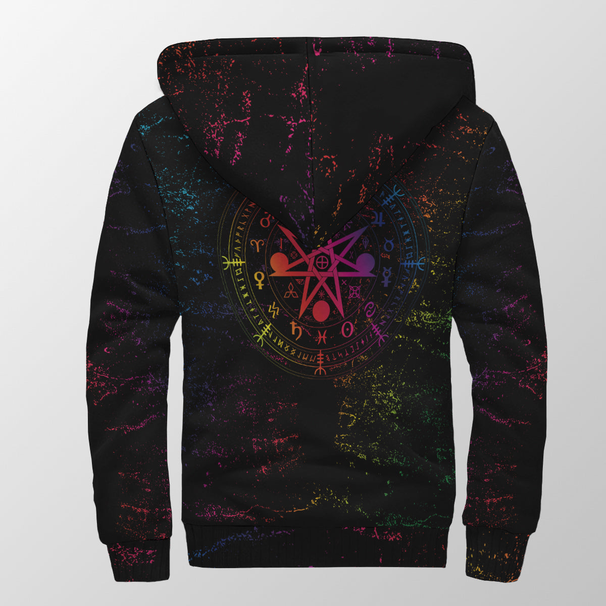 Black back hoodie with large circular rainbow spellwheel symbol on hood.