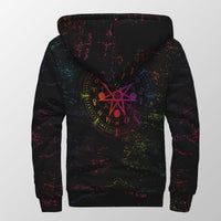 Black back hoodie with large circular rainbow spellwheel symbol on hood.