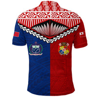 Back red/blue Tonga Samoa polo with shell center, crest emblems, short sleeves