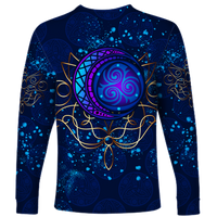 Blue long-sleeve shirt, large purple crescent moon graphic with gold swirls