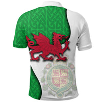Wales dragon polo shirt, back view with red dragon over crest; green pattern side panels