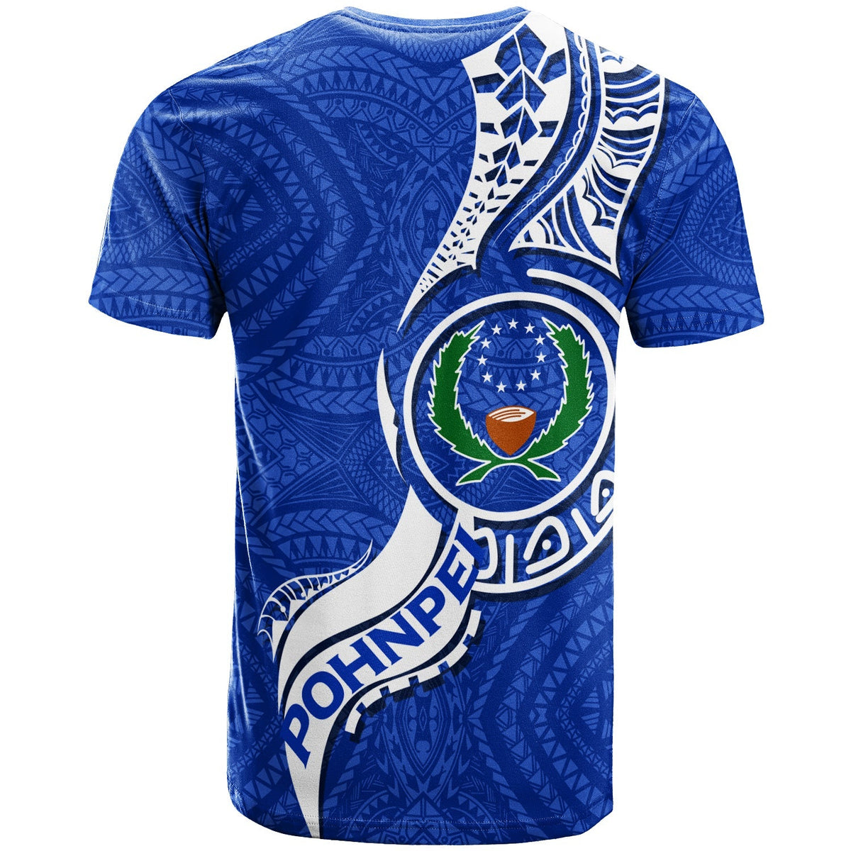 Blaues Pohnpei‑T‑Shirt mit großem Schutzschild‑Emblem und geometrischem Tribal‑Print