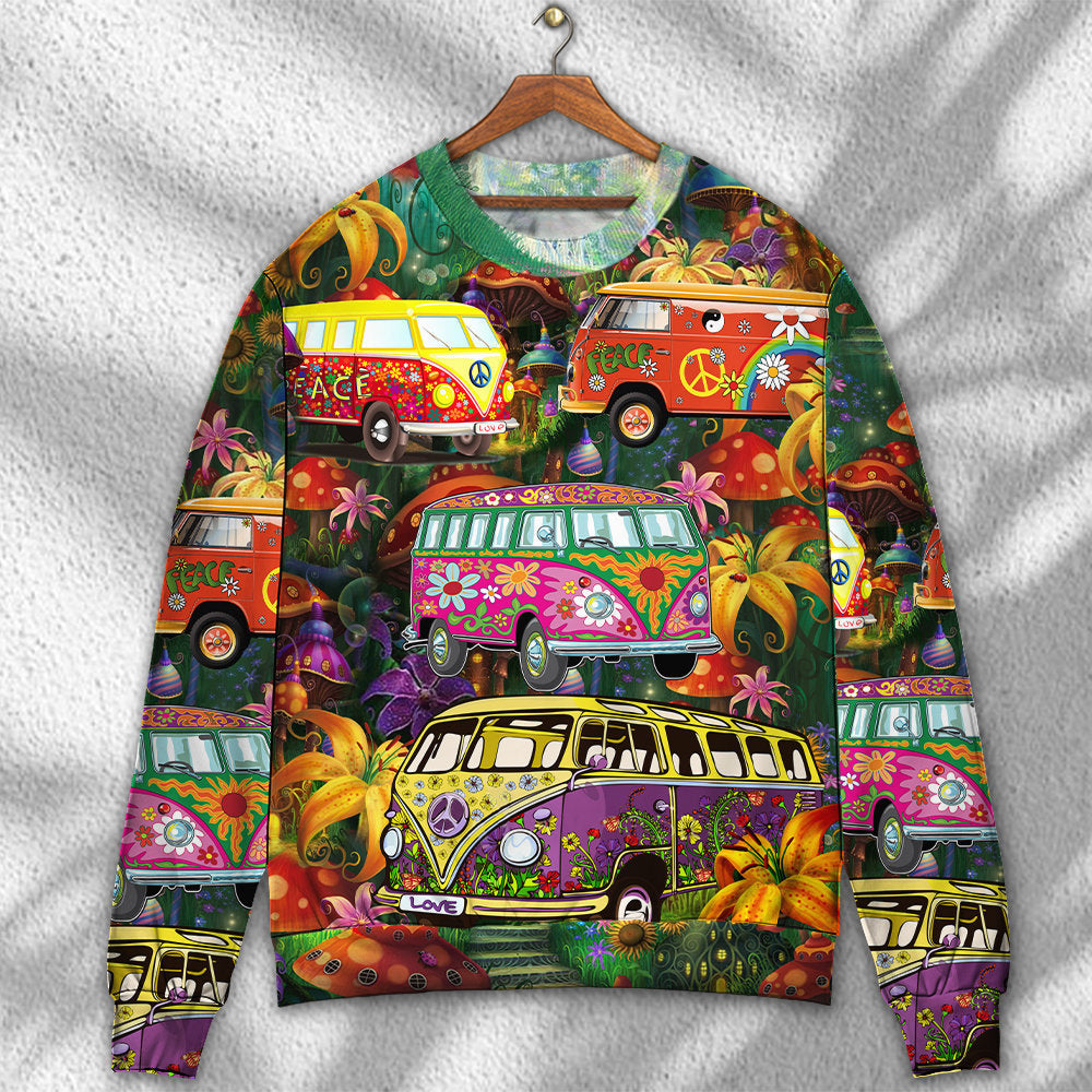 Green ugly Christmas sweater with colorful peace bus graphic, long sleeves