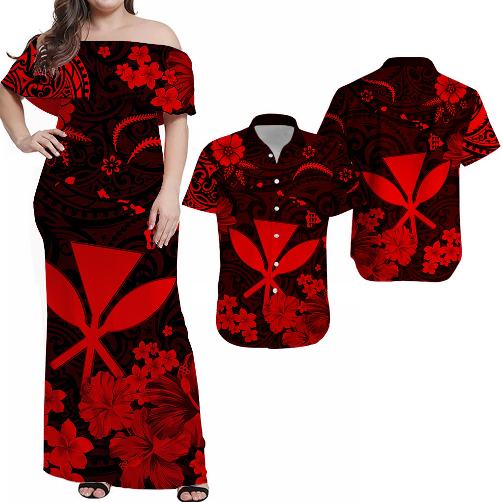 Matching red and black Hawaiian dress and button-up shirt with floral tribal print