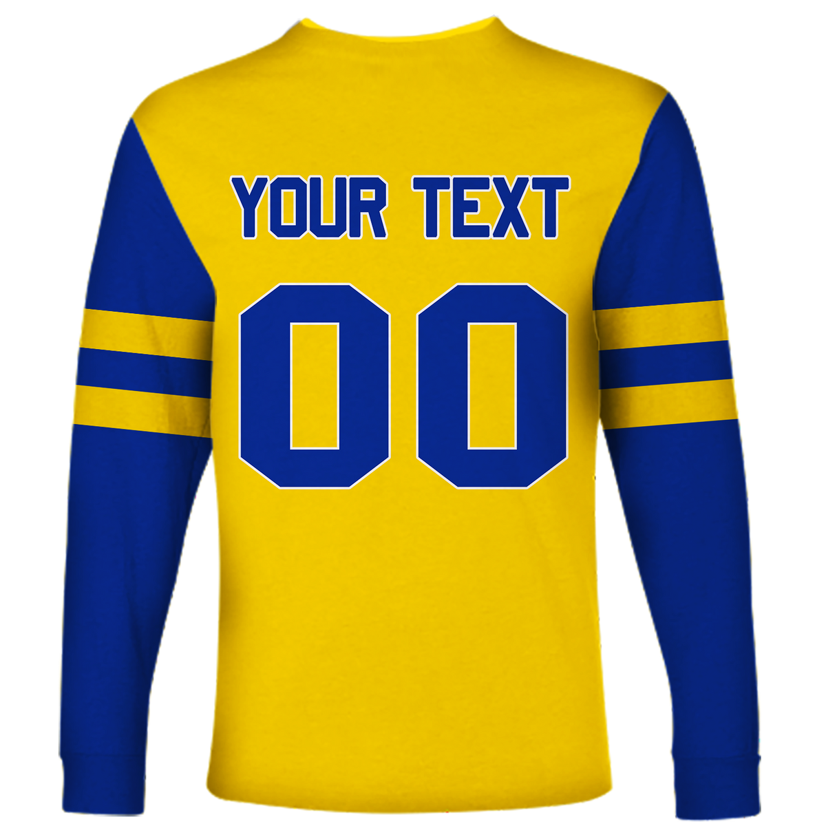 Unisex yellow long-sleeve with back 'YOUR TEXT' and big blue 00, plus sleeve stripes