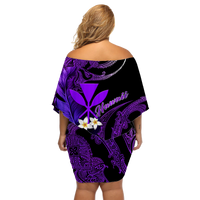 Women’s off-shoulder short dress in black with purple turtle, plumeria and back print