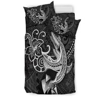 Black duvet cover with large white shark head tribal artwork and two pillow shams