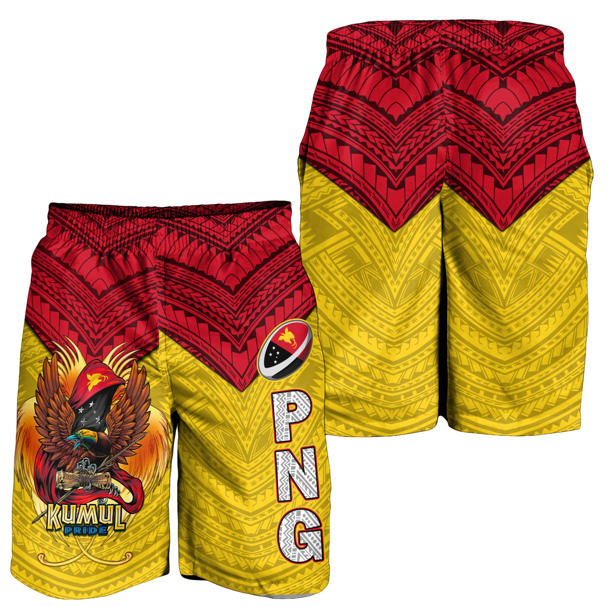 Men's rugby shorts, red and yellow chevron design with bird emblem and side letters