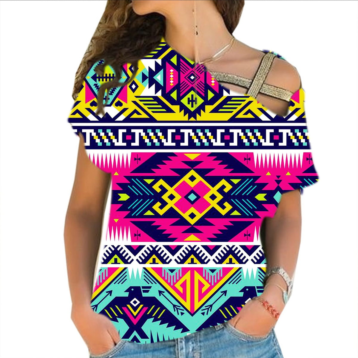 Multicolor native-style cross shoulder T-shirt with bold geometric bird pattern