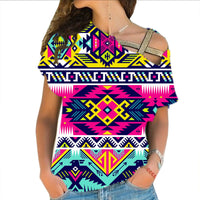 Multicolor native-style cross shoulder T-shirt with bold geometric bird pattern