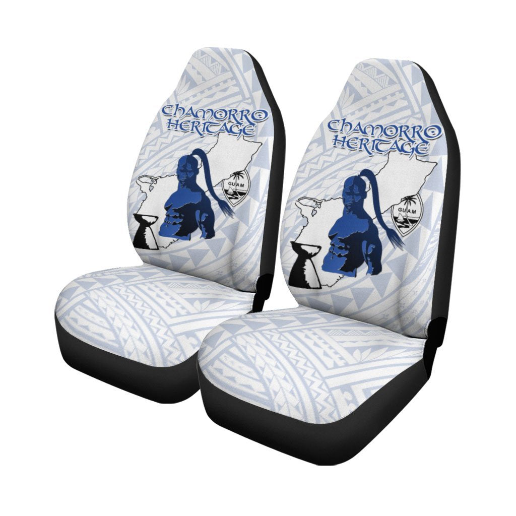 White front seat covers with matching blue Chamorro Heritage dancer graphic print